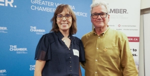 Green Party leader Sonia Furstenau stands with Chamber CEO Bruce Williams before yesterday's fourth and final Leading to Election event.